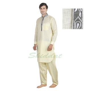 Pathani suit - Light yellow in Cotton linen